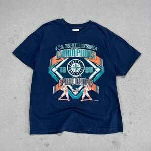 Vintage Seattle Mariners T Shirt Mens L 1995 AL West Champs Logo 7 Hanes MLB